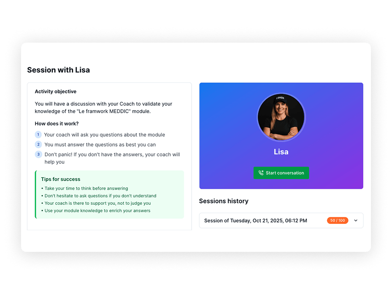 CallGym interface showing a session with the AI coach