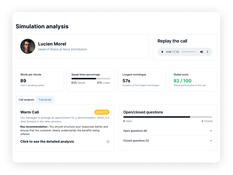 CallGym simulation analysis and feedback dashboard