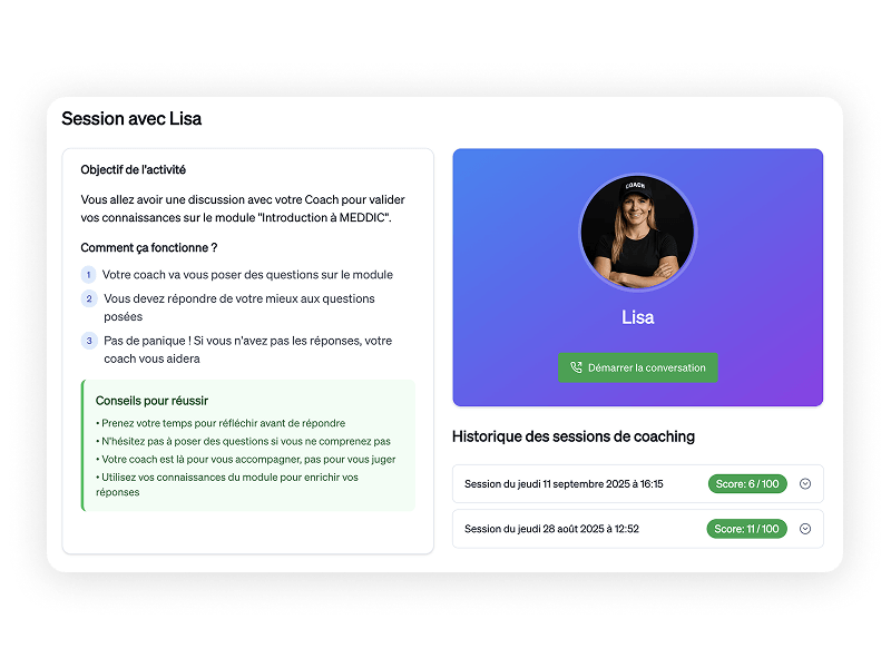 Coach IA féminin pour formations commerciales